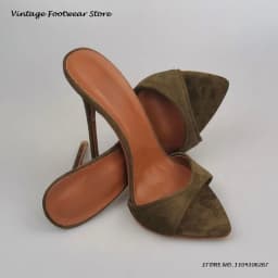Dámské semišové mules s 12 cm tenkými podpatky s otevřenou špičkou elegantní letní večerní boty - náhled 3