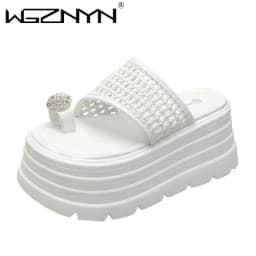 8 cm vysoké platformové sandály s lesklými kamínky pro ženy letní klínové sandály - náhled 3
