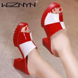Ženské slip-on sandály letní patentová kůže otevřená špička mix barev hrubý podpatek - náhled 3