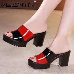 Ženské slip-on sandály letní patentová kůže otevřená špička mix barev hrubý podpatek - náhled 5