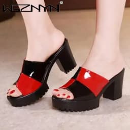 Ženské slip-on sandály letní patentová kůže otevřená špička mix barev hrubý podpatek - náhled 4