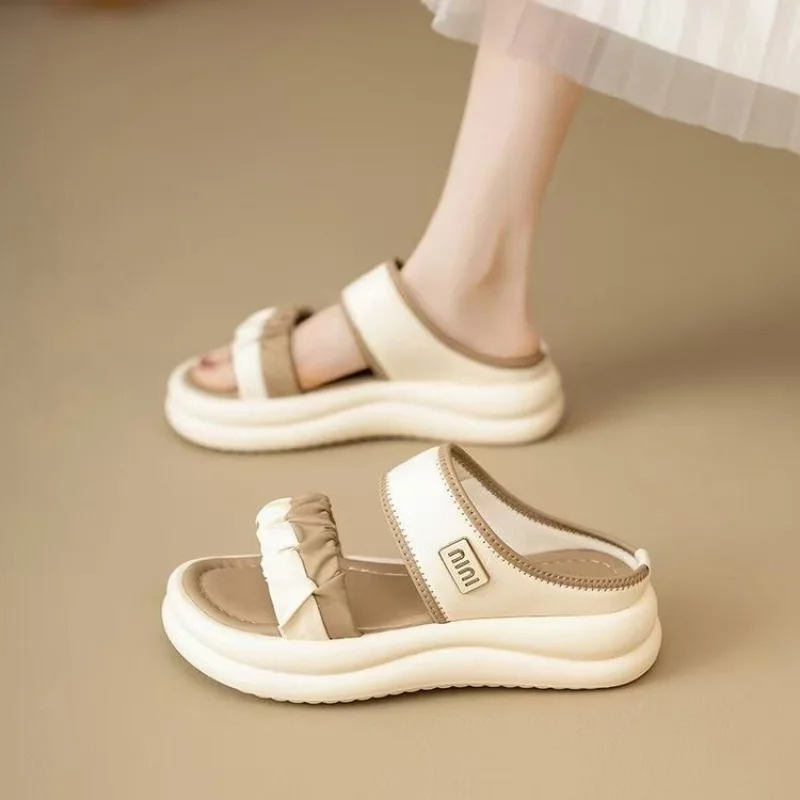 Dámské sandály texturované pásky s platformou elastický pás minimalistický pohodlná podrážka na léto