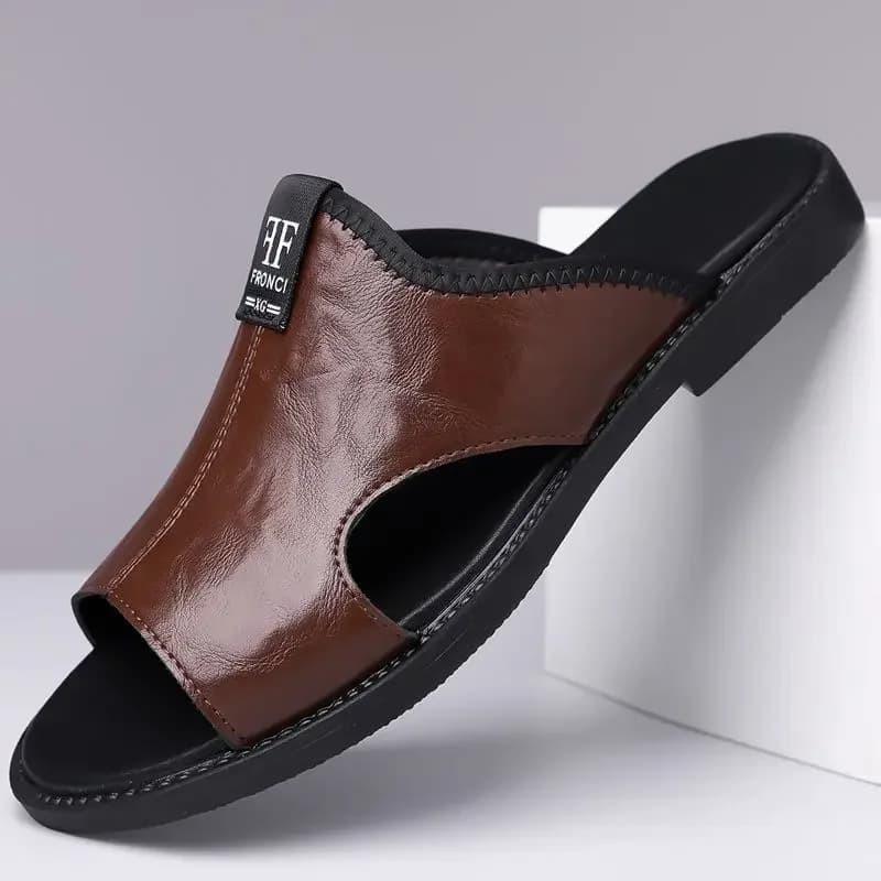 Pánské slip-on plážové sandály prodyšné protiskluzové kožené s PU stélkou