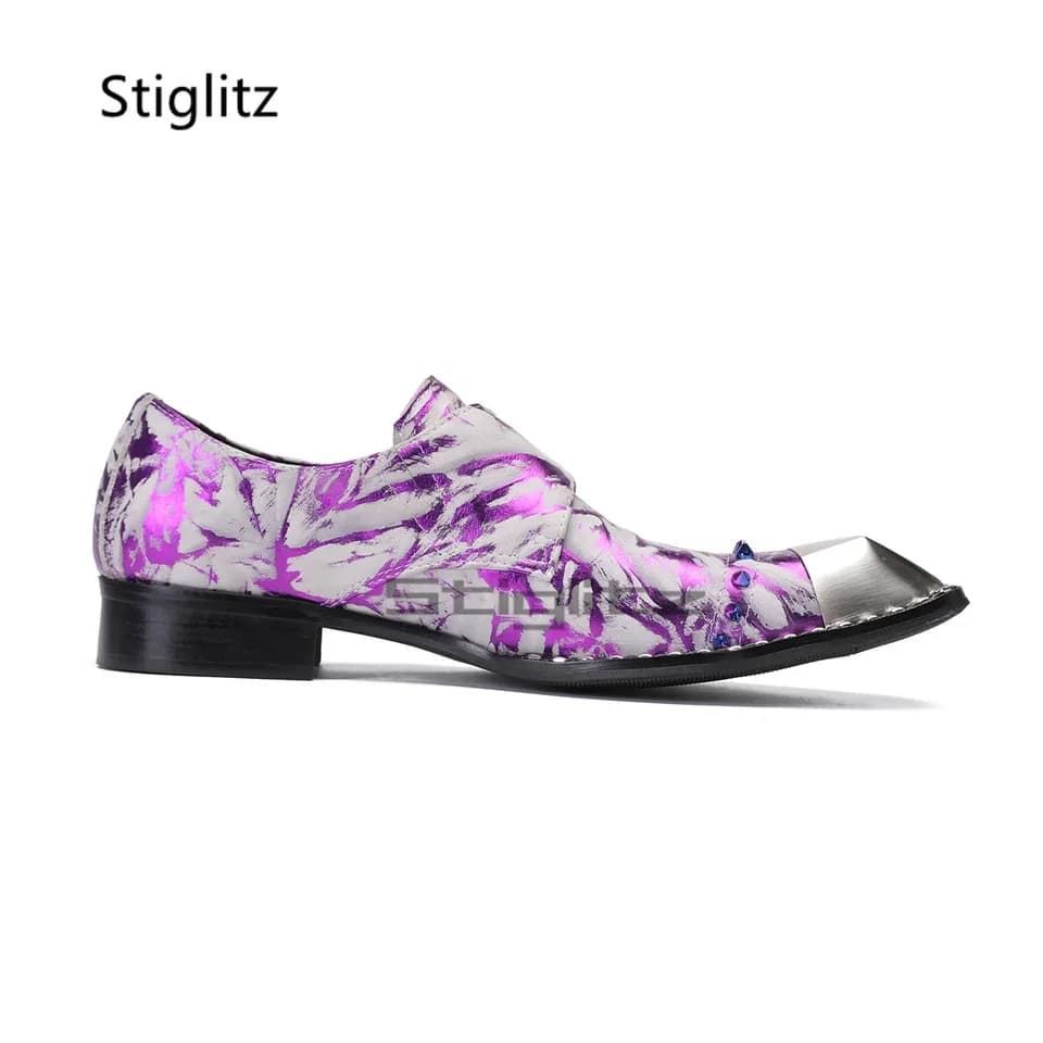 Pánské fialové kožené slip-on mokasíny s kovovou sponou čtvercová špička formální obuv