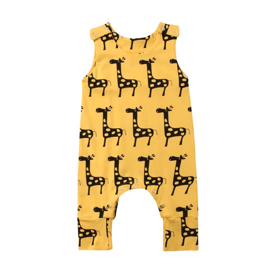 Letní bavlněný žlutý romper pro batole s kresleným jelenem