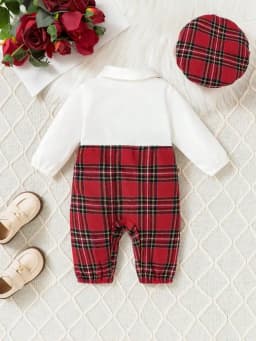 Chlapecké podzimní body 1-24m s červeným kostkovaným vzorem a motýlkem a klopou dlouhý rukáv - náhled 3