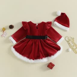 Vánoční romper pro holčičky s plyšovým patchworkem dlouhý rukáv set s kloboukem pro batolata - náhled 3
