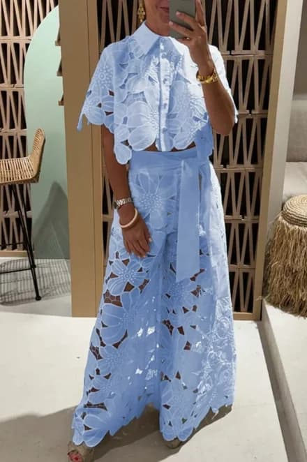 Dámský dvoudílný krajkový set s výšivkou elegantní retro halenka a kalhoty