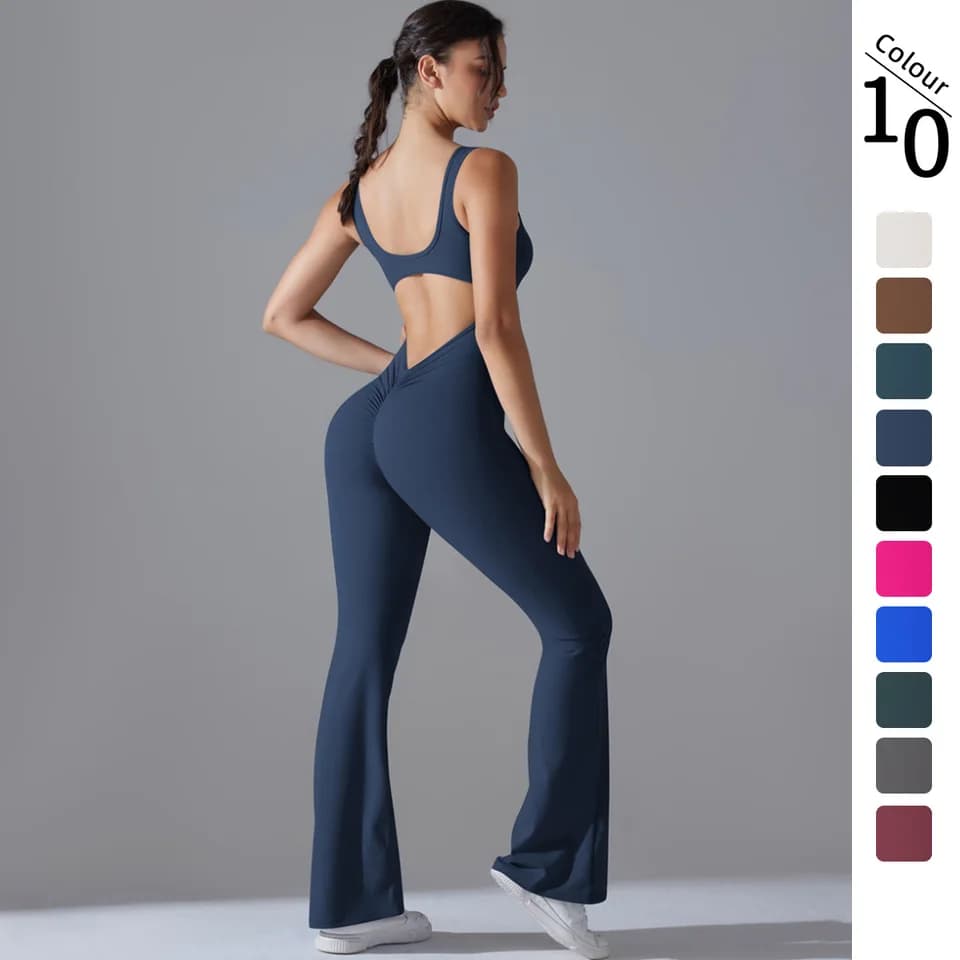 Dámská elastická sportovní kombinéza s V výstřihem na zádech pro jógu a fitness