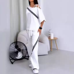 Dámská dvoudílná bílá sportovní souprava off shoulder top kalhoty bavlněné - náhled 3