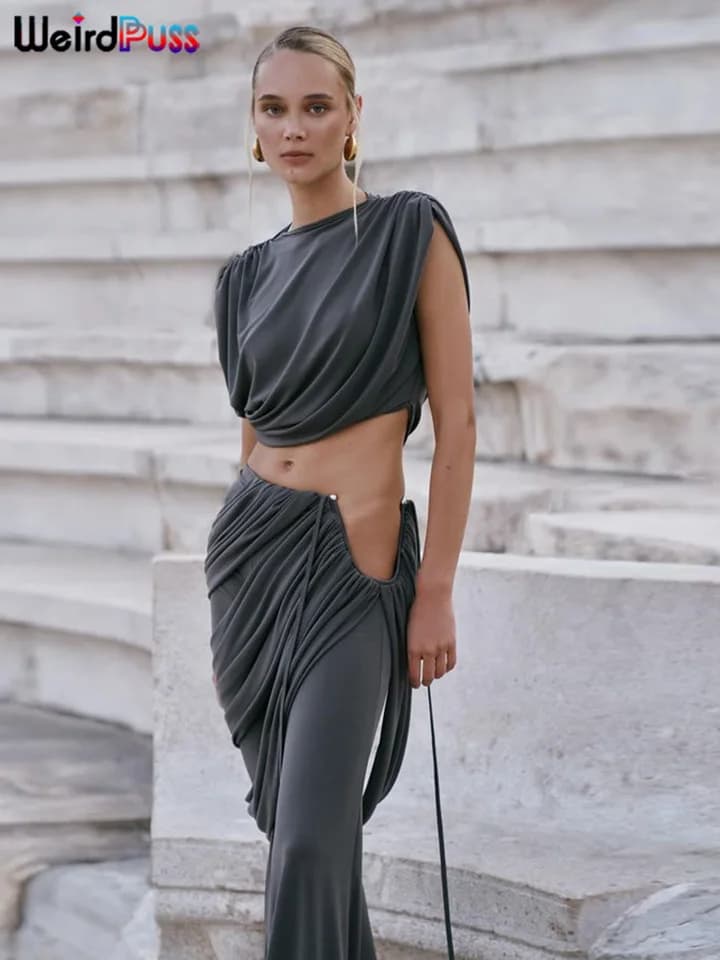Elegantní letní dvoudílná dámská souprava tílko a sukně s řasením streetwear