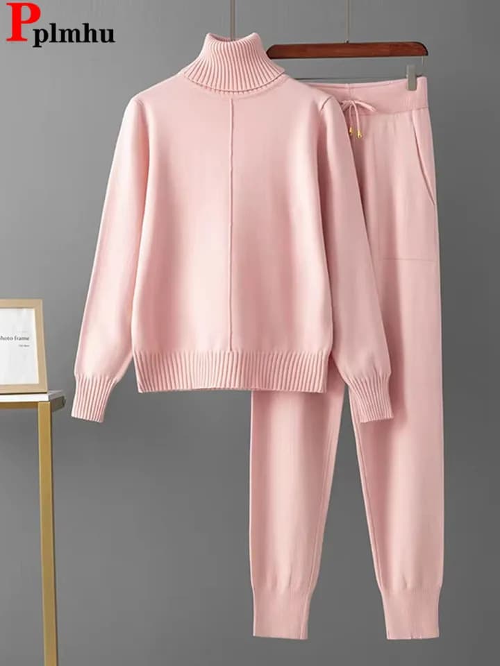 Dámský pletený dvoudílný set pastelových barev rolák svetr top s vysokým pásem harem kalhoty