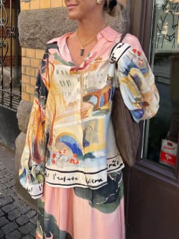 Potištěný dvoudílný set košile s dlouhým rukávem a širokými kalhotami s elastickým pasem jarní look - náhled 3