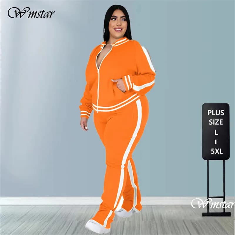 Plus Size dvoudílný teplákový set pro ženy se zipem pruhovaný top a tepláky jogger