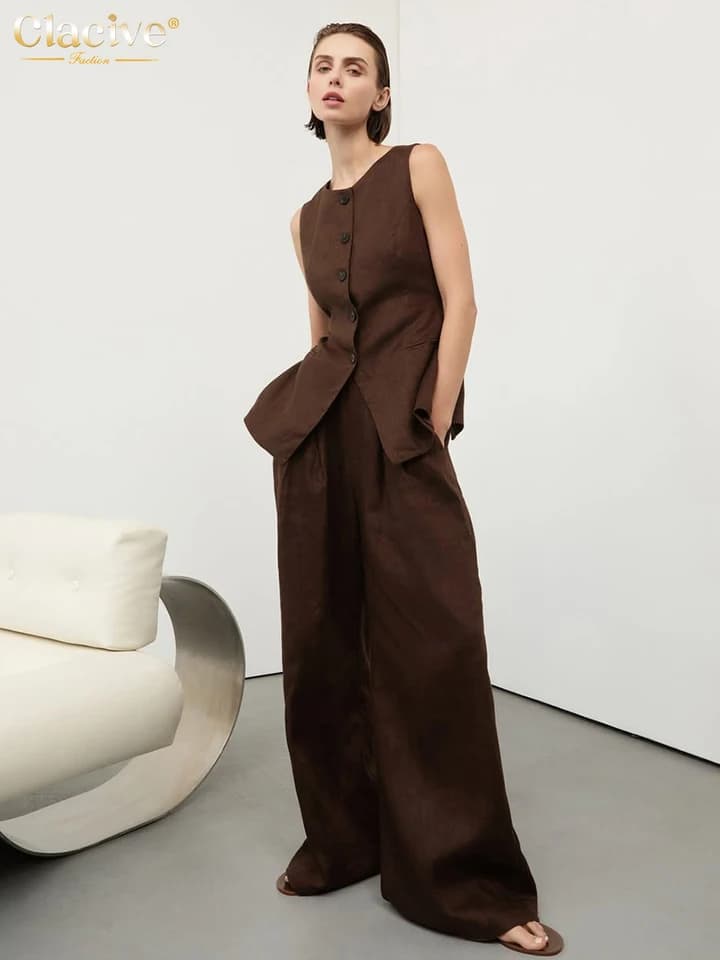 Letní dámská lněná 2dílná souprava s tílkem bez rukávů a širokými nohavicemi s vysokým pasem