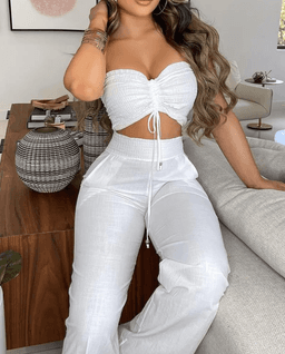 Dvoudílný letní set pro ženy 2024 crop top bandeau bez ramínek a kalhoty s vysokým pasem - náhled 2