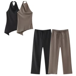 Saténový dvoudílný set pro ženy asymetrický halter top a šněrovací kalhoty s vysokým pasem - náhled 3