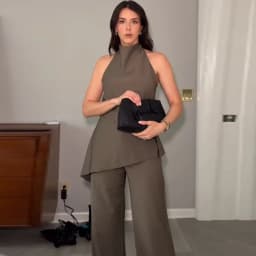 Saténový dvoudílný set pro ženy asymetrický halter top a šněrovací kalhoty s vysokým pasem - náhled 5