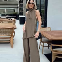 Saténový dvoudílný set pro ženy asymetrický halter top a šněrovací kalhoty s vysokým pasem - náhled 6