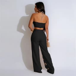 Dvoudílný sexy set na noční párty crop top a kalhoty halter top elegantní festivalové oblečení - náhled 3