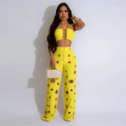 Dvoudílný sexy set na noční párty crop top a kalhoty halter top elegantní festivalové oblečení - náhled 5
