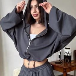 Dámská casual jednobarevná souprava 2dílná s kapucí zip krátký top šňůrkou v pase elastické kalhoty - náhled 7