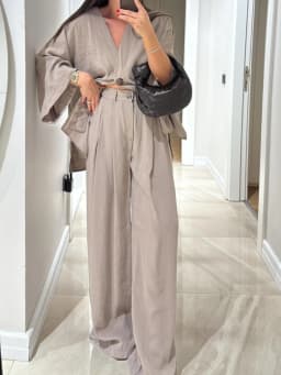 Casual Cotton Linen Loose Long Pants Suits Fashion Half Bubble Sleeve V-neck One Button Shirt Sets Lady Summer Street Outfit New - náhled 3