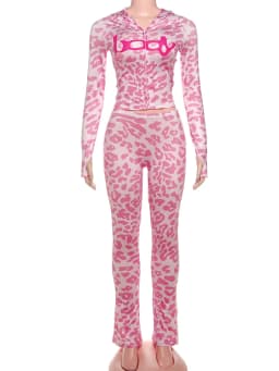 Dámský leopardí potisk 2dílný set s crop bundou se zipem a kapucí a legíny streetový styl - náhled 7