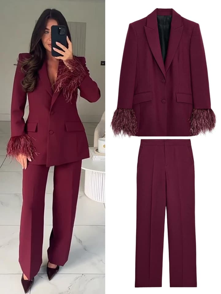 Dámský kostým s kalhotami 2dílná sada sako patchworkový design vysoký pas