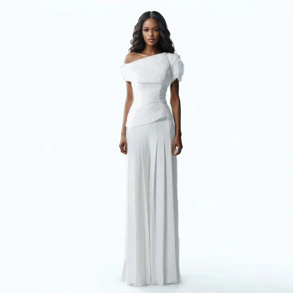 Dámská dvoudílná jednobarevná sada s diagonálním límcem top krátký rukáv a plisované široké nohavice