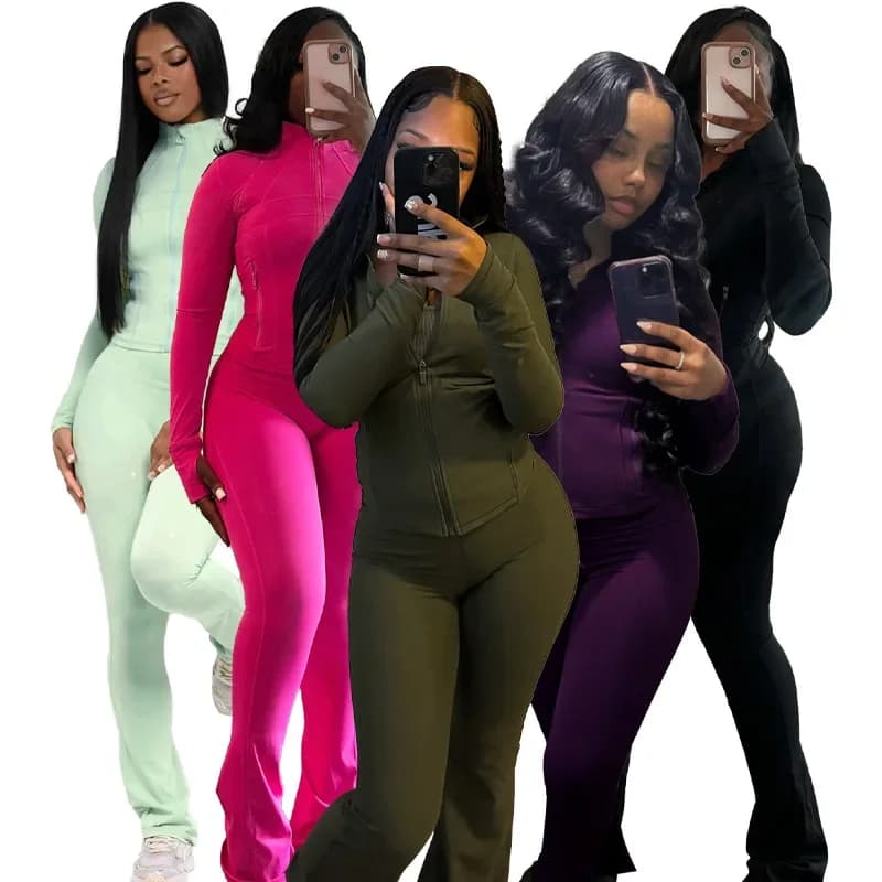 Dvoudílný dámský set kalhot a topu se zipem stojáčkovým límcem s elastickým pasem