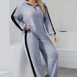 Dvoudílný set s límcem se zipem a širokými nohavicemi jemný k pokožce trendy pro každodenní nošení - náhled 2