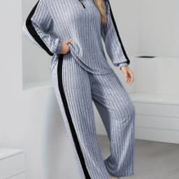 Dvoudílný set s límcem se zipem a širokými nohavicemi jemný k pokožce trendy pro každodenní nošení - náhled 3