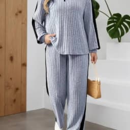 Dvoudílný set s límcem se zipem a širokými nohavicemi jemný k pokožce trendy pro každodenní nošení - náhled 4