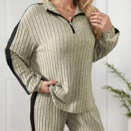 Dvoudílný set s límcem se zipem a širokými nohavicemi jemný k pokožce trendy pro každodenní nošení - náhled 5