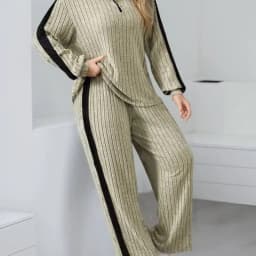 Dvoudílný set s límcem se zipem a širokými nohavicemi jemný k pokožce trendy pro každodenní nošení - náhled 6