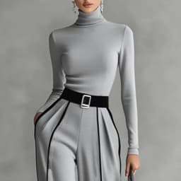 Rolákový top se širokými nohavicemi dvoudílný podzimní set pro ženy elegantní kontrastní barvy - náhled 3