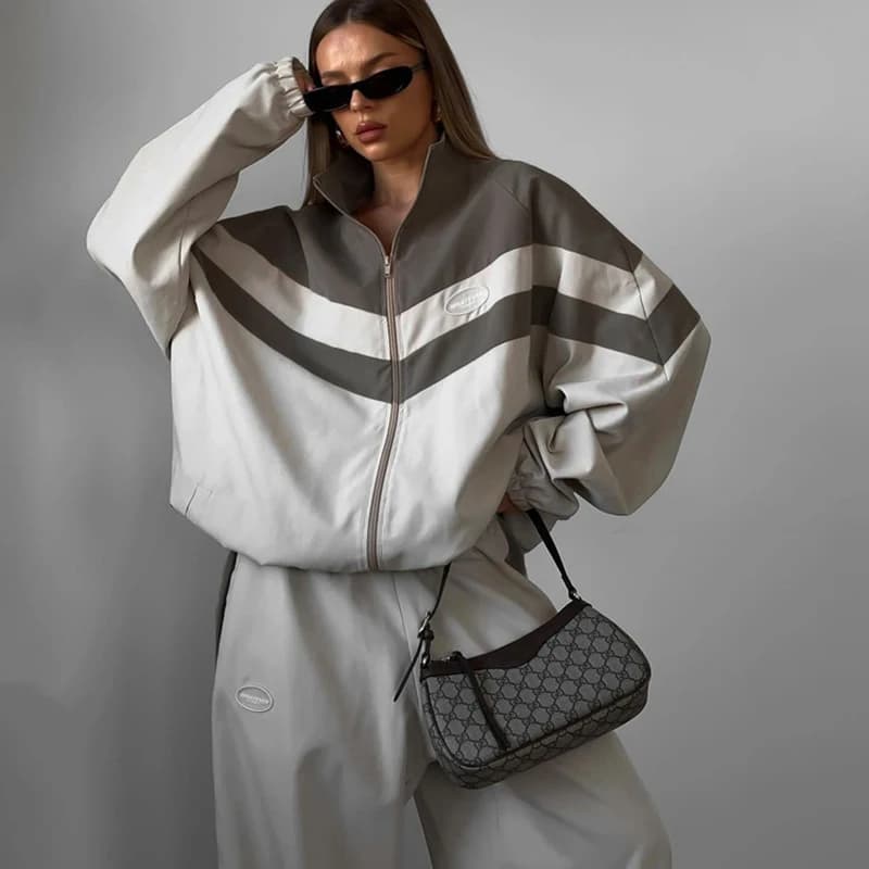 dvoudílný street set pro ženy na jaro a podzim bunda se zipem a patchwork kalhoty hip hop