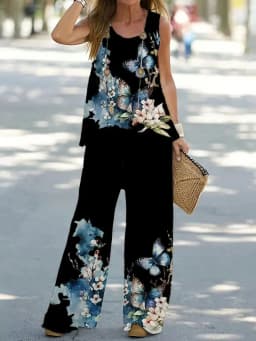 Dámský letní set s potiskem bez rukávů top a dlouhé kalhoty kulatý výstřih casual - náhled 3