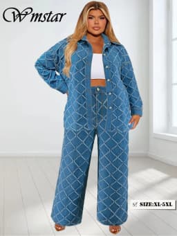 Plus Size denimový dvoudílný podzimní set pro ženy s potiskem top s dlouhým rukávem a kalhotami - náhled 2