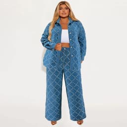Plus Size denimový dvoudílný podzimní set pro ženy s potiskem top s dlouhým rukávem a kalhotami - náhled 3