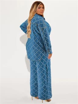 Plus Size denimový dvoudílný podzimní set pro ženy s potiskem top s dlouhým rukávem a kalhotami - náhled 4