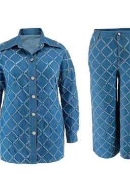 Plus Size denimový dvoudílný podzimní set pro ženy s potiskem top s dlouhým rukávem a kalhotami - náhled 5
