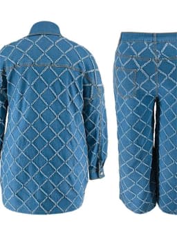 Plus Size denimový dvoudílný podzimní set pro ženy s potiskem top s dlouhým rukávem a kalhotami - náhled 7