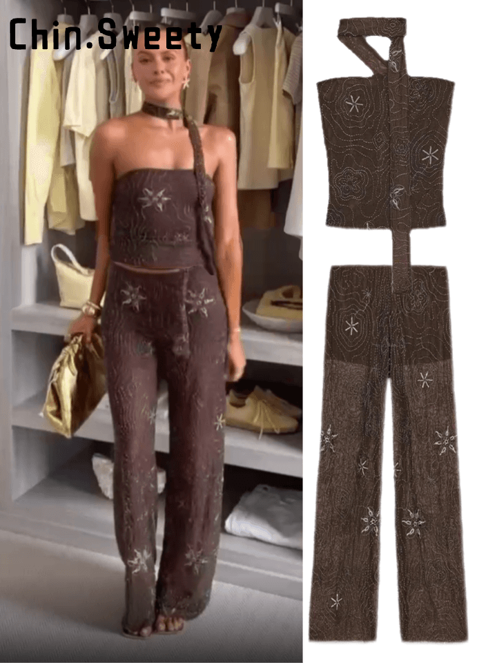 Flitrová sada pro ženy crop top bez ramínek a průhledné rovné kalhoty šátek letní i podzimní 2025