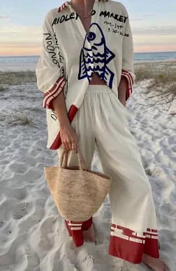 Boho letní dvoudílný set košile s potiskem a kalhotami pro ženy s dlouhým rukávem