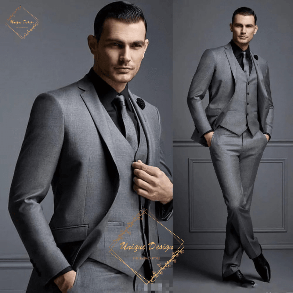 Men's Suit 3-Piece in Grey Jacket Vest Pants Classic Single-breasted Slim Fit Custom Tuxedo for Wedding Party Dinner Wear Gift