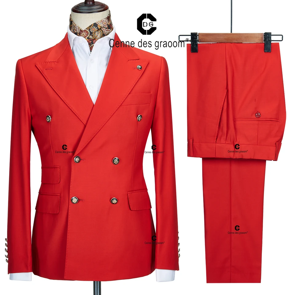 Pánský dvouřadý oblek - Slim Fit Svatební Párty Společenské oblečení Dvoudílný Červený Elegantní