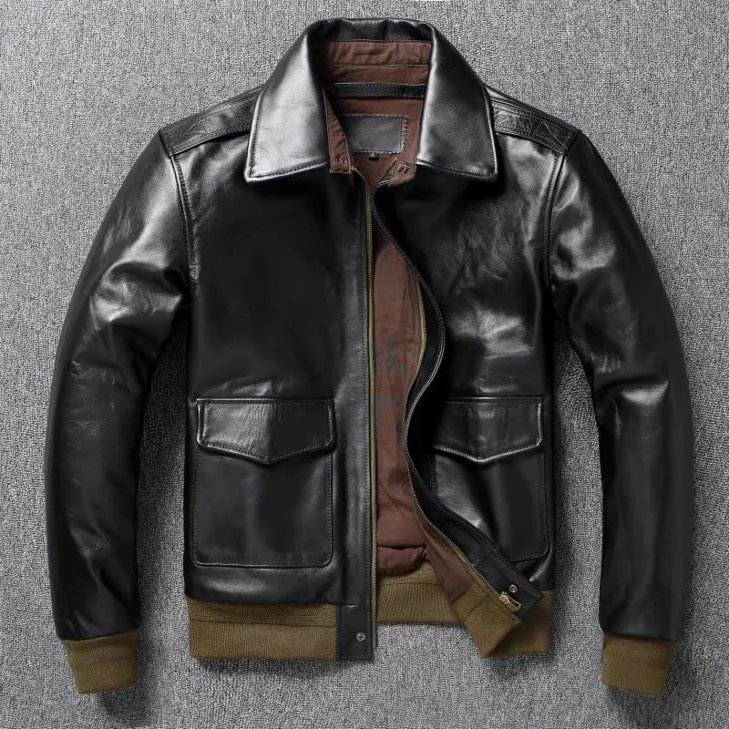 Pánská kožená bomber bunda, zkrácená, motocyklová, vojenský styl, volný střih, kabát z přírodní koňské kůže