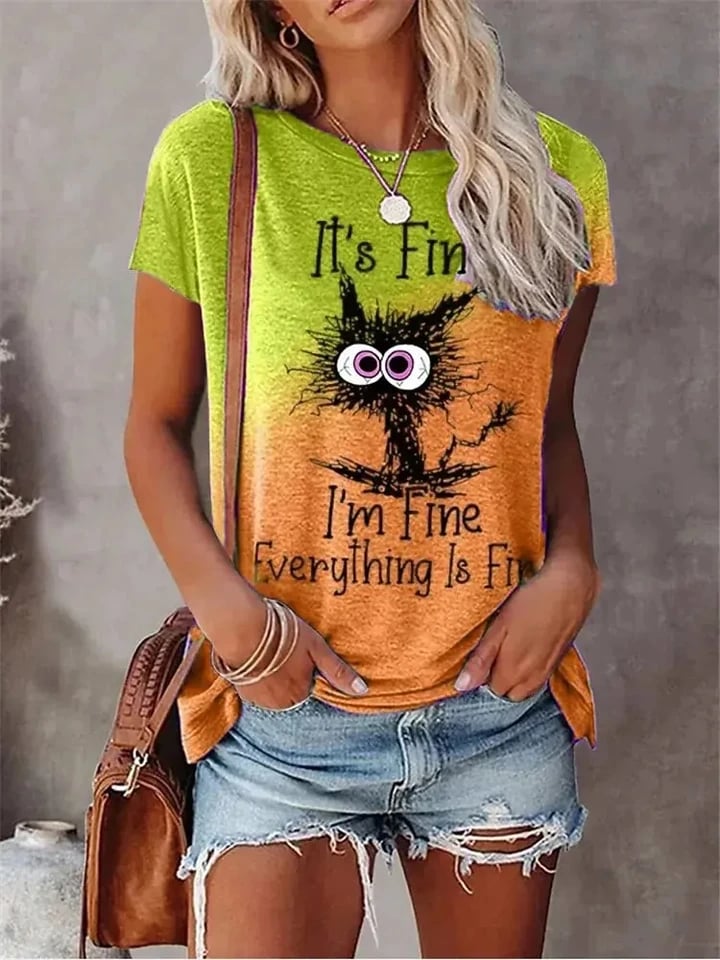 Dámské letní ležérní tričko s 3D potiskem koček, krátký rukáv, výstřih do O-neck, streetwear top